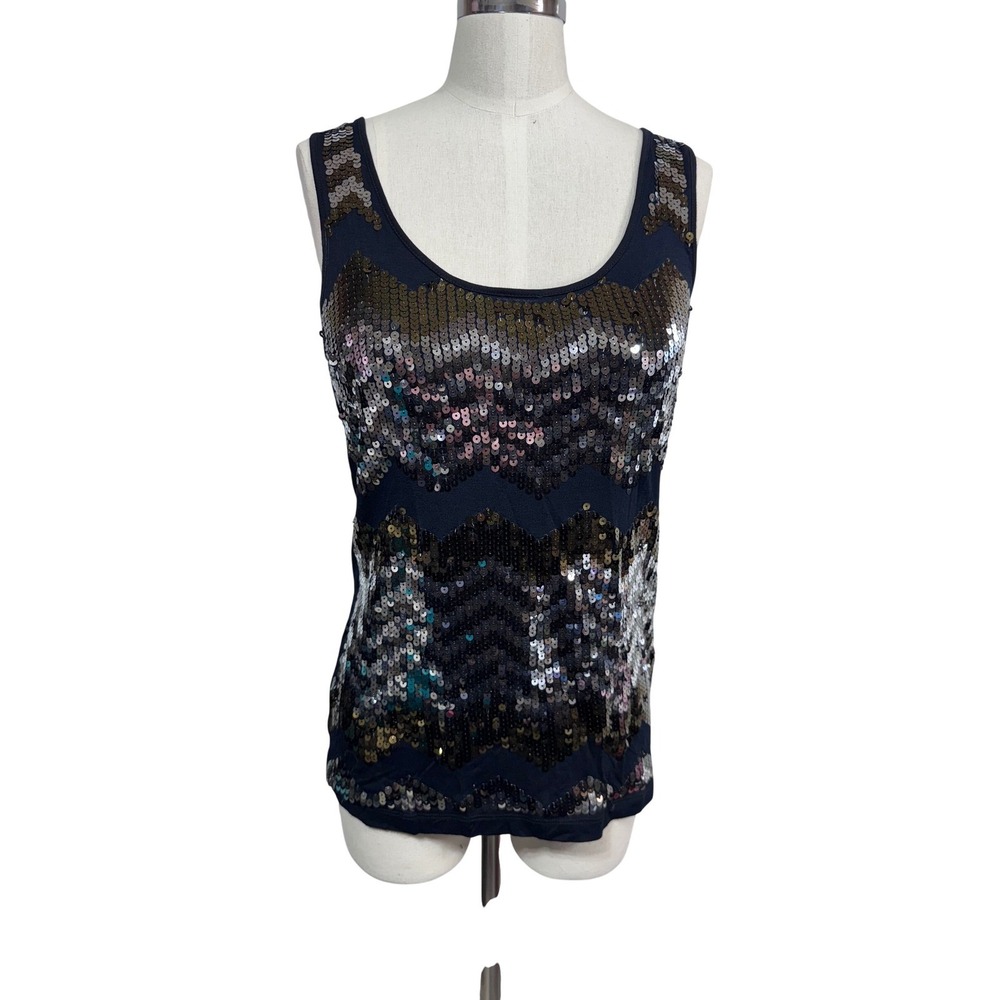 A.N.A Women's Sequin Chevron Tank Top Black Gold Silver Party Stretch Medium